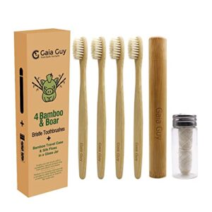 gaia guy bamboo and boar bristle toothbrush (4 pack) + travel case & silk dental floss | 100% compostable bristles and floss | eco-friendly dental set | biodegradable & compostable wooden toothbrushes