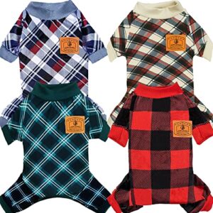 xpudac 4 pack dog pajamas for small dogs cats plaid dog clothes puppy onesies dog christmas pajamas puppy jumpsuits pet pjs shirt apparel (x-large, red green khaki grey (thin))