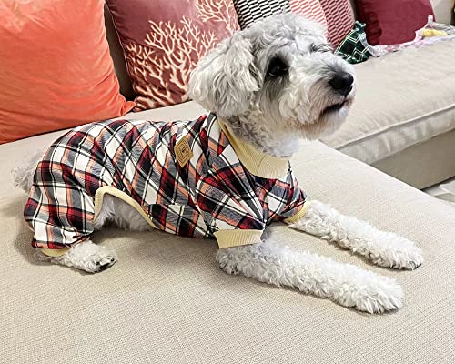 XPUDAC 4 Pack Dog Pajamas for Small Dogs Cats Plaid Dog Clothes Puppy Onesies Dog Christmas Pajamas Puppy Jumpsuits Pet Pjs Shirt Apparel (X-Large, Red Green Khaki Grey (Thin))