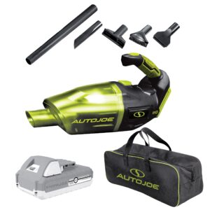 auto joe ajvac-p1 24v cordless wet/dry handheld vacuum w/5 attachments, bag, kit (w/ 2-ah battery and charger), green
