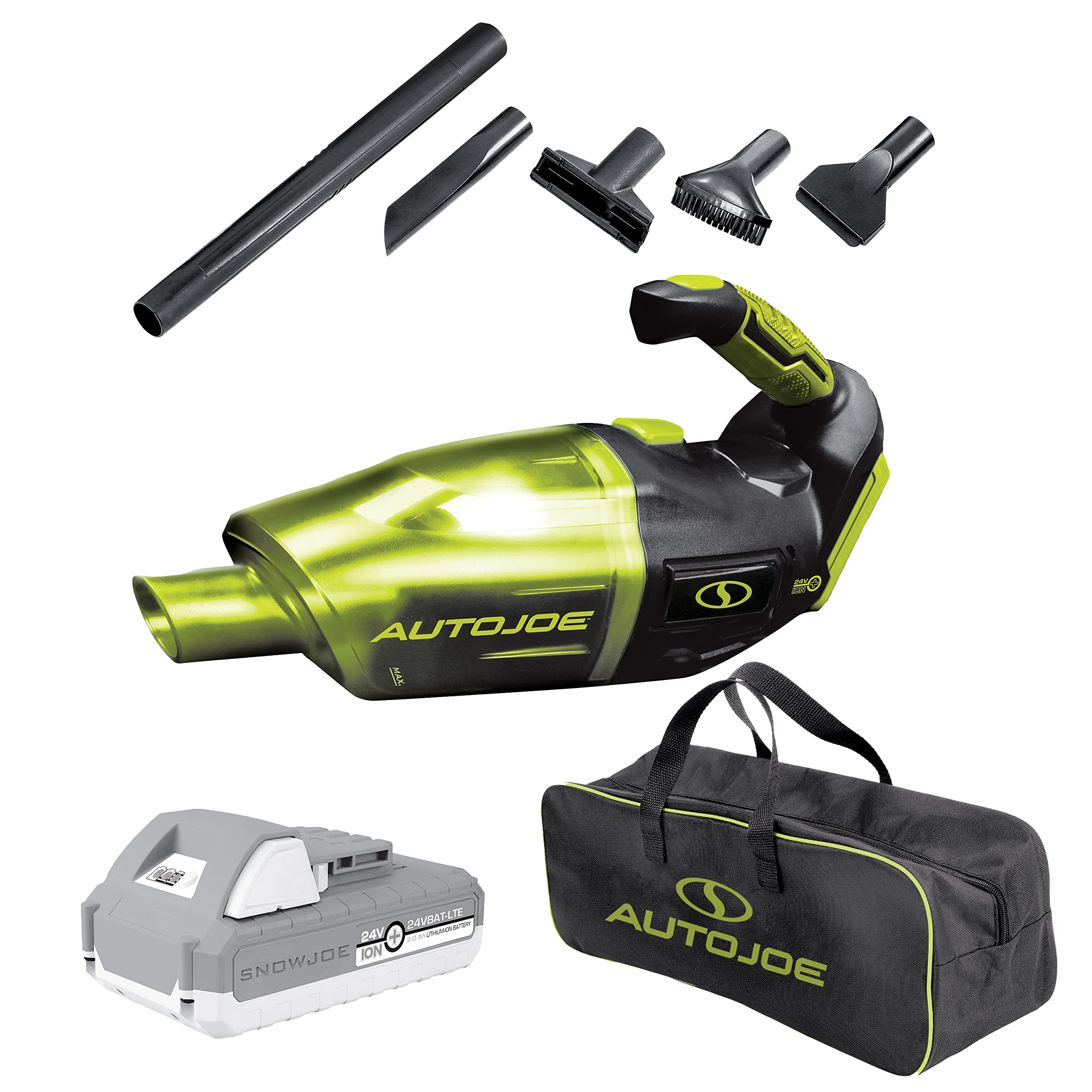 Auto Joe AJVAC-P1 24V Cordless Wet/Dry Handheld Vacuum w/5 Attachments, Bag, Kit (w/ 2-Ah Battery and Charger), Green