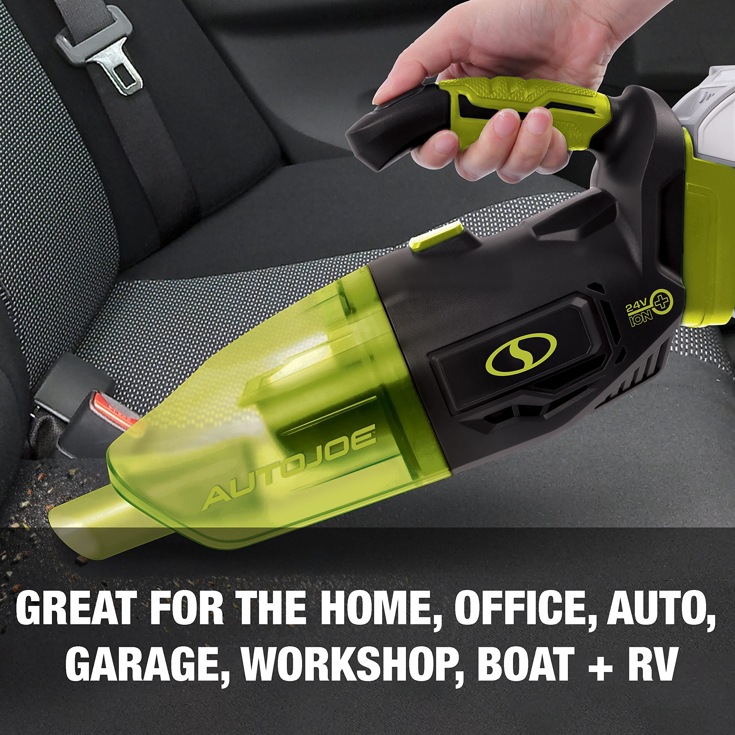 Auto Joe AJVAC-P1 24V Cordless Wet/Dry Handheld Vacuum w/5 Attachments, Bag, Kit (w/ 2-Ah Battery and Charger), Green