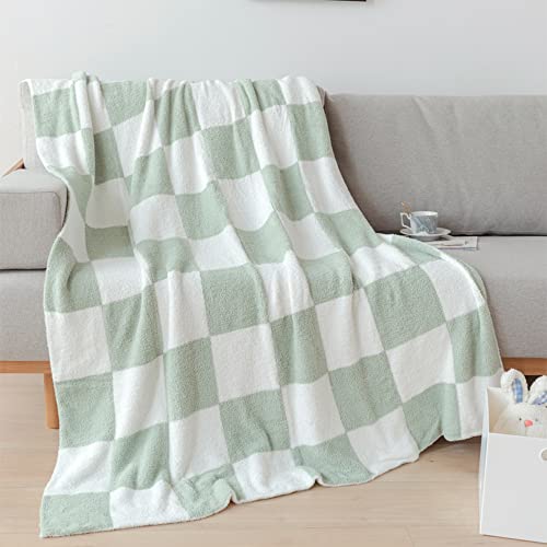 Ultra Soft Classic Checkerboard Chessboard Knitted Throw Blankets Lattice Fluffy Microfiber Lightweight Warm Cozy Bed Blankets Decor for Couch Sofa Bed (Sage Green, 51"X63")