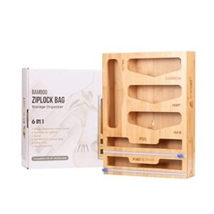 ziplock bag organizer - 6 in 1 wrap dispenser with cutter and labels, bamboo reusable baggies dispenser container, storage organizer for kitchen drawer, compatible with gallon, quart, sandwich & snack