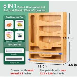 Ziplock Bag Organizer - 6 in 1 Wrap Dispenser with Cutter and Labels, Bamboo Reusable Baggies Dispenser Container, Storage Organizer for Kitchen Drawer, Compatible with Gallon, Quart, Sandwich & Snack