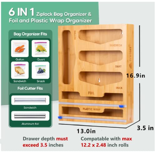 Ziplock Bag Organizer - 6 in 1 Wrap Dispenser with Cutter and Labels, Bamboo Reusable Baggies Dispenser Container, Storage Organizer for Kitchen Drawer, Compatible with Gallon, Quart, Sandwich & Snack