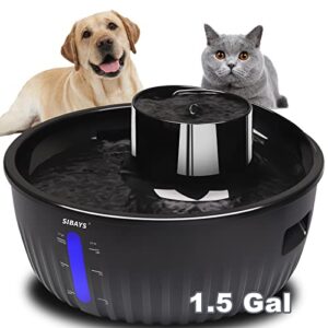 sibays 1.5gal large water fountain for dogs inside,large dogs and cats with 5 layer filter, super quiet pet water fountain automaticlly no spill with led water reminder bpa-free material