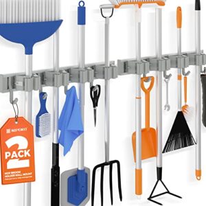 nipoko broom holder wall mount, 2pack mop broom organizer garden tool organizer- kitchen, closet, garage & laundry room storage, grey
