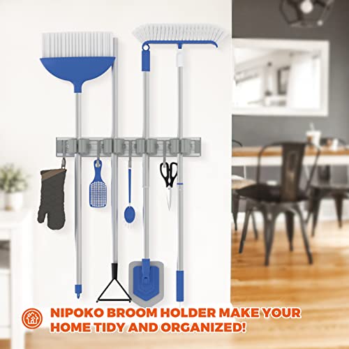 Nipoko Broom Holder Wall Mount, 2Pack Mop Broom Organizer Garden Tool Organizer- Kitchen, Closet, Garage & Laundry Room Storage, Grey