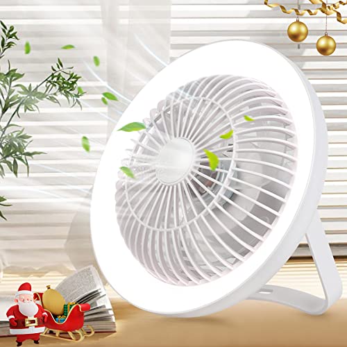 Depuley Portable Table Fan and LED Light, 8" Battery Operated Personal Desk Fan for Hanging or Tabletop Use, 4000mAH Outdoor Small Rechargeable Quiet Camping USB Fans with 3 Speeds for Tent, Office