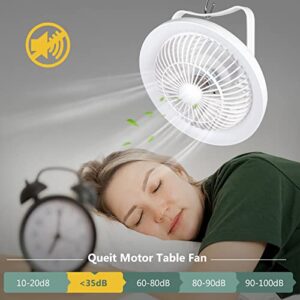 Depuley Portable Table Fan and LED Light, 8" Battery Operated Personal Desk Fan for Hanging or Tabletop Use, 4000mAH Outdoor Small Rechargeable Quiet Camping USB Fans with 3 Speeds for Tent, Office