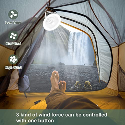 Depuley Portable Table Fan and LED Light, 8" Battery Operated Personal Desk Fan for Hanging or Tabletop Use, 4000mAH Outdoor Small Rechargeable Quiet Camping USB Fans with 3 Speeds for Tent, Office