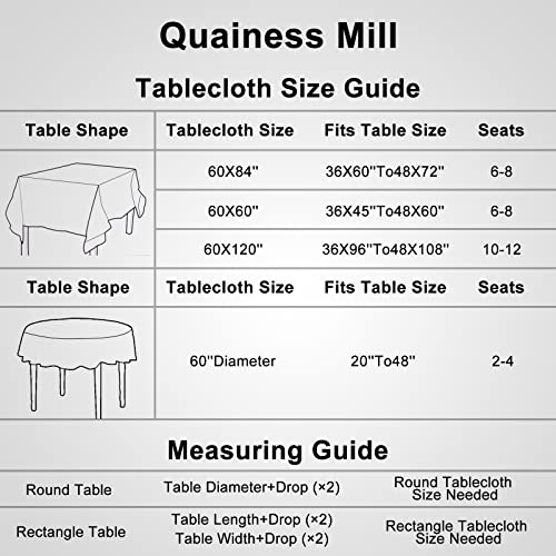 Quainess Mill Table Cloth, 60 * 84 Inch Rectangle Waterproof Tablecovers Wrinkle Resistant Fabric 6ft Table Cover,Washable Tablecloths for Party Kitchen Picnic Indoor and Outdoor Dining