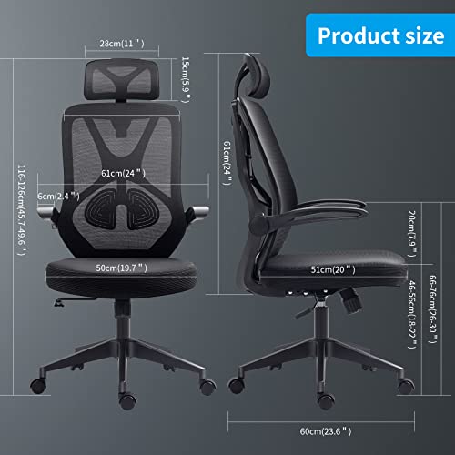 Atbang Home Office Chair Ergonomic Desk Chair High Back Flip-Up Arms Reclining Computer Chair with Adjustable Lumbar Support/headrest Rocking Function Breathable High Elasticity Mesh, Black