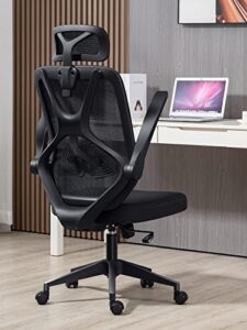 atbang home office chair ergonomic desk chair high back flip-up arms reclining computer chair with adjustable lumbar support/headrest rocking function breathable high elasticity mesh, black