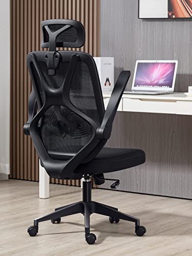 Atbang Home Office Chair Ergonomic Desk Chair High Back Flip-Up Arms Reclining Computer Chair with Adjustable Lumbar Support/headrest Rocking Function Breathable High Elasticity Mesh, Black