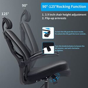 Atbang Home Office Chair Ergonomic Desk Chair High Back Flip-Up Arms Reclining Computer Chair with Adjustable Lumbar Support/headrest Rocking Function Breathable High Elasticity Mesh, Black