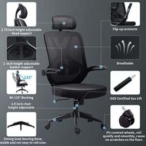 Atbang Home Office Chair Ergonomic Desk Chair High Back Flip-Up Arms Reclining Computer Chair with Adjustable Lumbar Support/headrest Rocking Function Breathable High Elasticity Mesh, Black