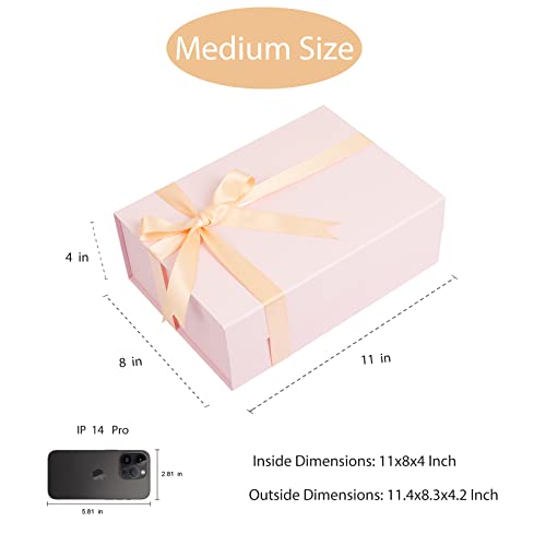 CHARMGIFTBOX Pink Gift Box, 11x8x4 Inches Large Gift Boxes with Magnetic Closure Lid with Card/Ribbon for Birthday Party Holiday Christmas Wrapping Presents