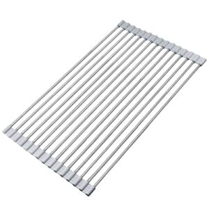 mgahyi roll up dish drying rack, over the sink drying rack, multipurpose 304 stainless steel silicone wrapped steel roll-up , folding dish rack for kitchen sink （gray, 17.3" x 10.2"）