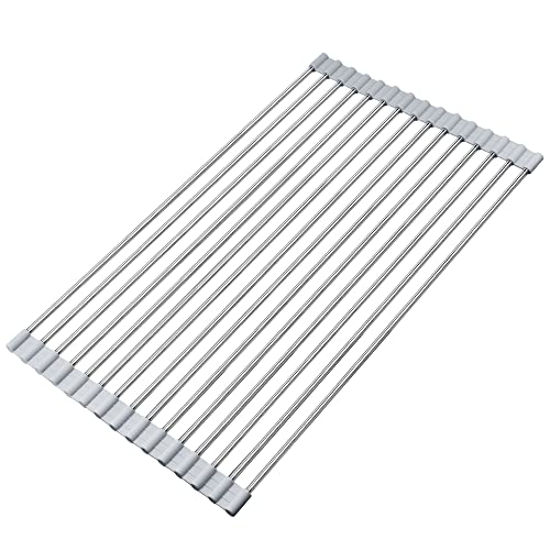 MGahyi Roll Up Dish Drying Rack, Over The Sink Drying Rack, Multipurpose 304 Stainless Steel Silicone Wrapped Steel Roll-Up , Folding Dish Rack for Kitchen Sink （Gray, 17.3" x 10.2"）