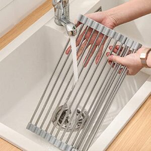 MGahyi Roll Up Dish Drying Rack, Over The Sink Drying Rack, Multipurpose 304 Stainless Steel Silicone Wrapped Steel Roll-Up , Folding Dish Rack for Kitchen Sink （Gray, 17.3" x 10.2"）