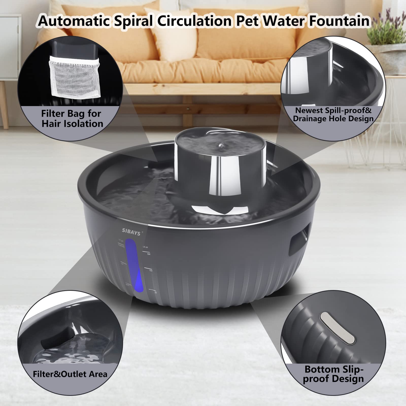 SIBAYS Dog Water Fountain for Large Dogs,195OZ 6L 1.5GAL Water Bowl Dispenser with 5 Layer Filter, Automatic Super Quiet Overflow Protection with Visible Water Reminder Drinking-Safe Material