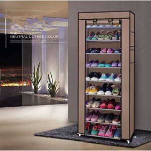 belanitas 10 tier 9 lattices shoe rack organizer, shoe rack for entryway with non-woven dust cover, shoe shelf for sneakers, high heels, boots and storage box, hold 27-35 pairs of shoes, coffee
