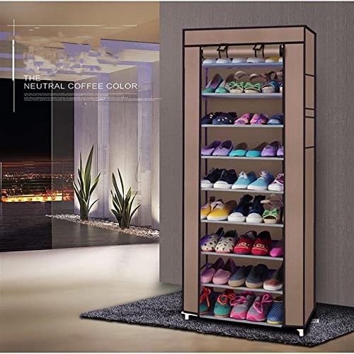 BELANITAS 10 Tier 9 Lattices Shoe Rack Organizer, Shoe Rack for Entryway with Non-woven Dust Cover, Shoe Shelf for Sneakers, High Heels, Boots and Storage Box, Hold 27-35 Pairs of Shoes, Coffee