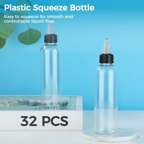 32PCS Clear Dispensing Bottles, 4oz Plastic Squeeze Bottles with Twist Top Caps for Oils Inks Liquids, Household Round Squeeze Bottles for Crafts Kitchen Food Making