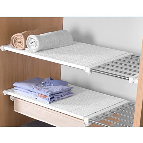 LIYIVNAA Expandable Closet Shelf Clothes Storage Rack Tension Rod Heavy Duty Cabinets Organizer DIY Wardrobe Hanger Divider Separator Holder - White