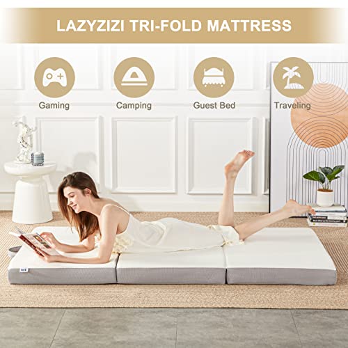 Lazyzizi Folding Mattress, 4 Inch Memory Foam Tri-fold Mattress with Breathable & Washable Bamboo Fiber Fabric Cover, Foldable Floor Mattress Guest Bed for Camping, Road Trip, Twin