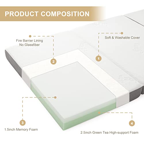 Lazyzizi Folding Mattress, 4 Inch Memory Foam Tri-fold Mattress with Breathable & Washable Bamboo Fiber Fabric Cover, Foldable Floor Mattress Guest Bed for Camping, Road Trip, Twin