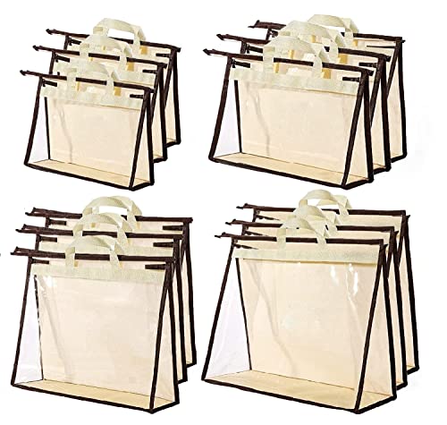 Liaojiong 12 Pack Purse Organizer for Closet, XL, L, M, S Handbag Organizer Storage, Dust Bags for Handbags with Zipper and Handles, Clear Anti-dust Hanging Organization Tote Dust Cover 4 Sizes Beige Hand Bag