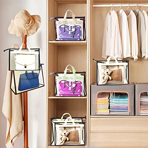 Liaojiong 12 Pack Purse Organizer for Closet, XL, L, M, S Handbag Organizer Storage, Dust Bags for Handbags with Zipper and Handles, Clear Anti-dust Hanging Organization Tote Dust Cover 4 Sizes Beige Hand Bag