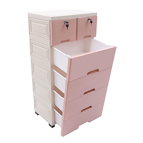 6 Drawer Plastic Dresser Storage Tower Closet Organizer Unit with Keys Clothes Organizer Cabinet for Home Office Bedroom, 5 Layer Drawer Storage Cabinet on Wheels (Pink, 19.7"W x 13.8"D x 40"H)