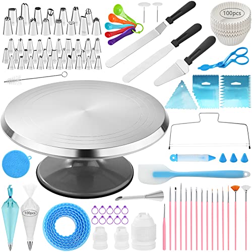 301Pcs Cake Decorating Kit Baking Tools - Aluminium Revolving Cake Turntable, Reusable Piping Bags and Tips set, Icing Spatula Baking Accessories for Cake Cupcake Cookie Decorating