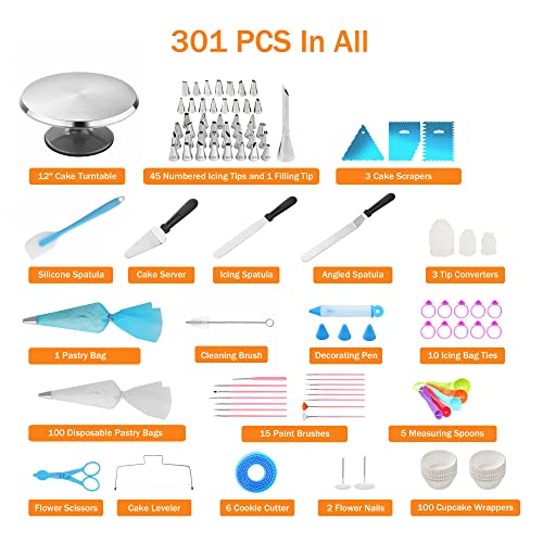 301Pcs Cake Decorating Kit Baking Tools - Aluminium Revolving Cake Turntable, Reusable Piping Bags and Tips set, Icing Spatula Baking Accessories for Cake Cupcake Cookie Decorating