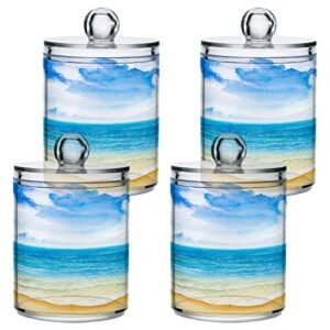 blueangle 4 pack watercolor sea beach qtip holder dispenser for cotton ball, cotton swab - plastic apothecary jar set for bathroom canister storage organization（672）