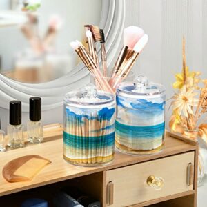 Blueangle 4 Pack Watercolor Sea Beach Qtip Holder Dispenser for Cotton Ball, Cotton Swab - Plastic Apothecary Jar Set for Bathroom Canister Storage Organization（672）