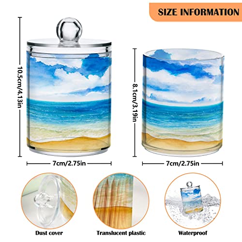 Blueangle 4 Pack Watercolor Sea Beach Qtip Holder Dispenser for Cotton Ball, Cotton Swab - Plastic Apothecary Jar Set for Bathroom Canister Storage Organization（672）