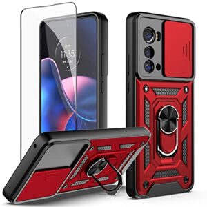 dretal for motorola moto edge 2022 case, moto edge 5g uw 2022 case with stand kickstand ring and camera cover with tempered glass screen protector, military grade shockproof protective cover (tc-red)