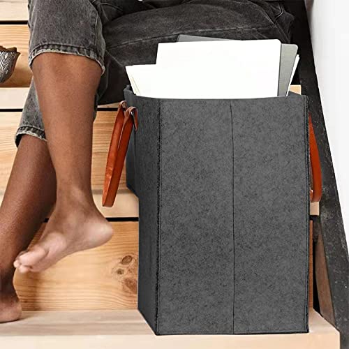 JISADER Stair Basket Storage 4mm Premium Felt with Leather Handles Organizing for Carpeted Home and Office Decor Laundry Staircase Toys, Middle Gray