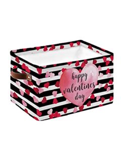 happy valentine's day pink heart storage basket for shelves, watercolor love black white striped storage cube fabric storage bins, closet organizers with handles for book, toys, cloth, 15x11x9.5 inch