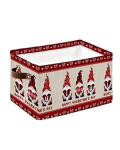 valentine's gnomes storage basket for shelves, i love you gnomes on burlap textured love heart roses storage cube fabric storage bins, closet organizers with handles for book, toys, 15x11x9.5 inch