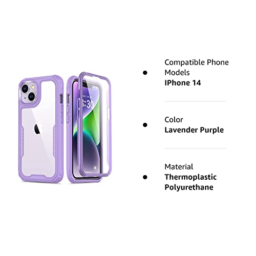 FUNMIKO iPhone 14 Case with Screen Protector,Mili-Grade Heavy Duty Protection Pass 21ft. Drop Tested Durable Slim-fit Clear Cover Protective Phone Case for Apple iPhone 14 6.1" Lavender Purple