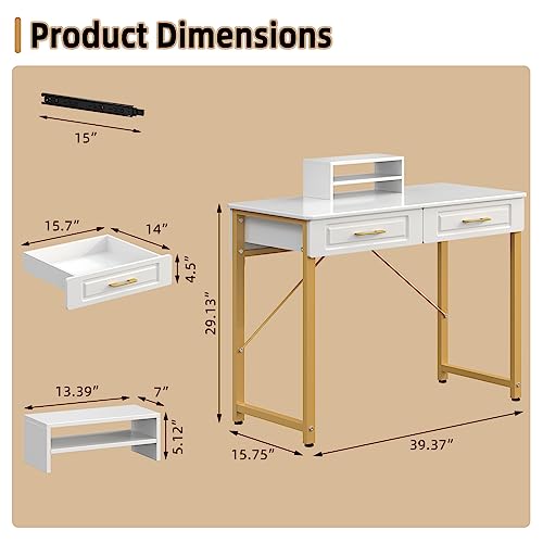 WESTREE Modern Makeup Vanity Desk with Glossy Desktop,Bedroom Home Office Writing Desk with Drawers, Storage Shelf, Gold Metal Frame for Dressing Table Without Mirror