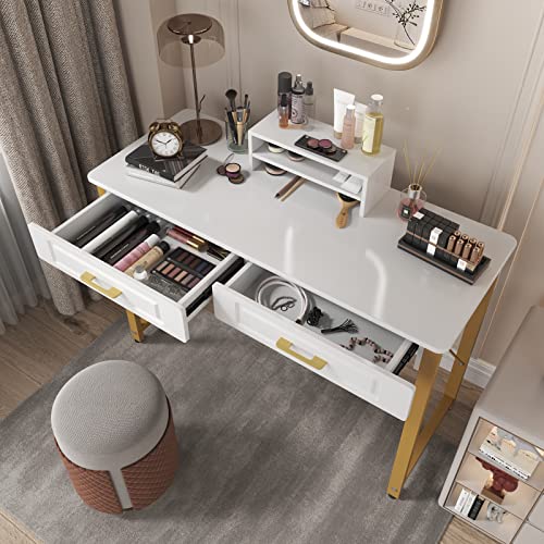 WESTREE Modern Makeup Vanity Desk with Glossy Desktop,Bedroom Home Office Writing Desk with Drawers, Storage Shelf, Gold Metal Frame for Dressing Table Without Mirror