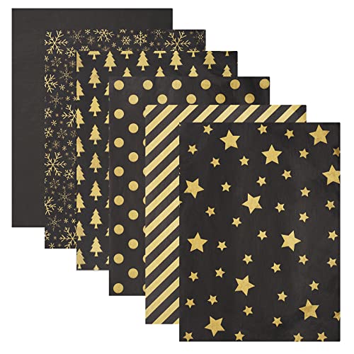 Blisstime 106 Sheets Tissue Paper Gift Wrap Bulk, 19.5" x 13.6" Christmas Tissue Paper for Wrapping, 6 Assorted Designs Golden Stars Snow Dots for Christmas Gift Bags, DIY and Craft (BlackGold)