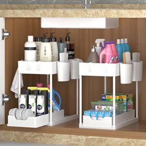 suppneed 2-tier under sink organizer and storage,sliding under bathroom cabinet storage drawer organizer with hooks, hanging cups, multi-purpose under sink shelf organizer, white, 2 pack